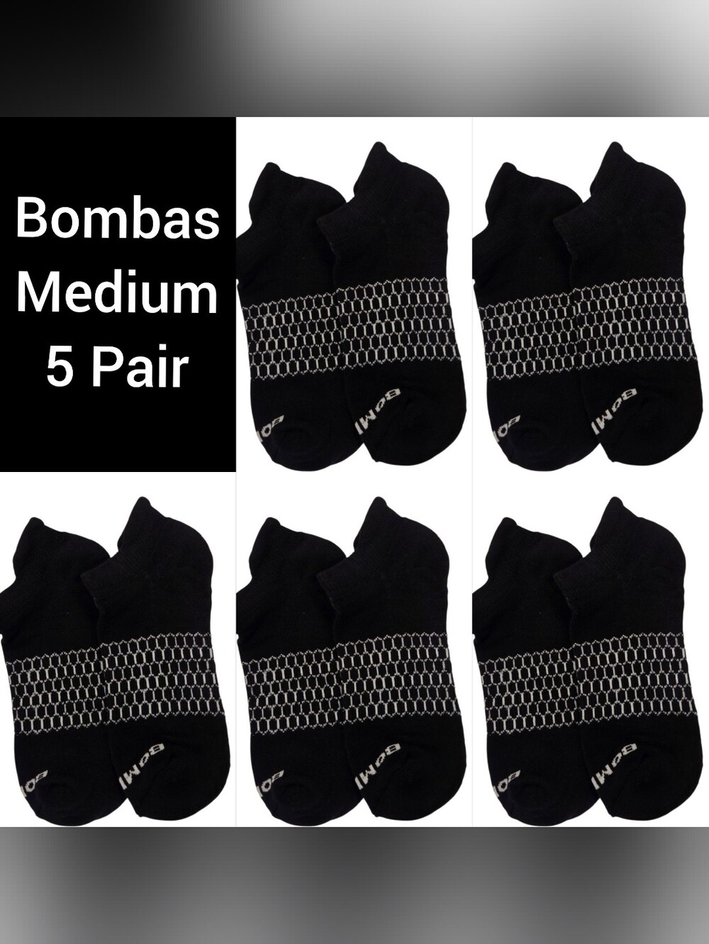 Bombas Medium Ankle Socks Black & White 5 Pair BNWT Unisex Honeycomb Arch Suppor